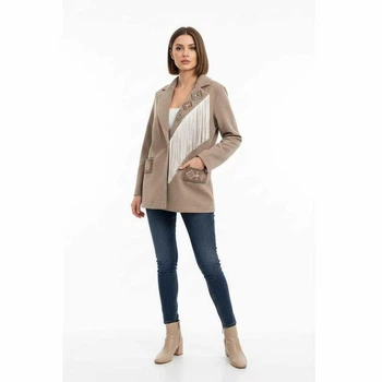 Жіночий трикотажний жакет з вишивкою та китицями Дует Modna KAZKA MKSH2855 - 54/56, Бежевий