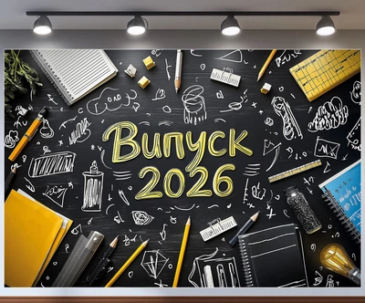 Баннер фотозона Выпуск 2026 школьная доска с меловыми рисунками и канцелярией фон 300x200см, №41312