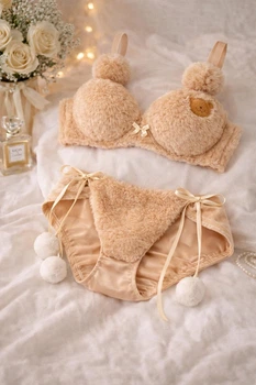 Комплект жіночої білизни Teddy Soft Beige з пухнастим топом та трусиками, розмір S