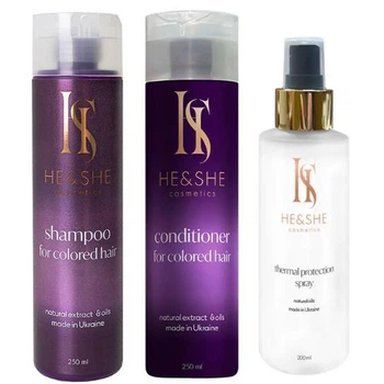 Набір для фарбованого волосся He&She Cosmetics: Шампунь He&She Cosmetics Shampoo For Colored Hair 250мл + Кондиціонер Conditioner He&She Cosmetics For Colored Hair 250мл + Спрей-термозахист He&She Cosmetics Thermal-Protection Spray 200мл