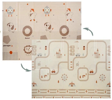 Детский двухсторонний термо коврик ToyCloud 150 * 200 см с сумкой Дорога-животные бежевый