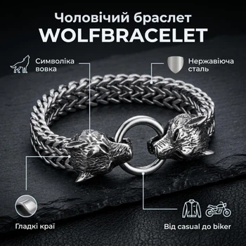 Массивный мужской браслет «Волчья Сила» WolfBracelet, серебристый, 21 см