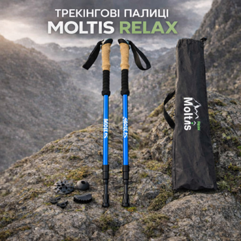 Набор палок для треккинговой ходьбы Moltis Relax 140 Antishock Blue Original + чехол + 4 типа наконечников, телескопические палки с регулировкой длины для скандинавской ходьбы