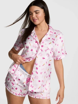 Піжама Сатинова (сорочка + шорти) Victoria's Secret PINK LoveShackFancy Satin Short Pajama Set M Білий (27178633D)