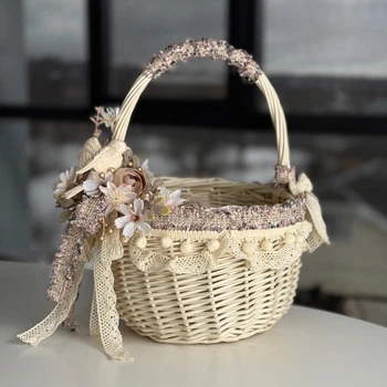 Пасхальная корзина 21х21х27см hand-made MIS LT бежевая с бежевым декором и птичкой средняя
