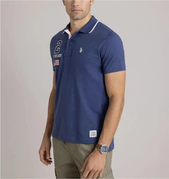 Чоловіча фудболка-поло U.S. Polo Assn: Slim Fit, 100% Cotton, персиковий трикотаж з аплікацією, Premium Quality L темно-синя