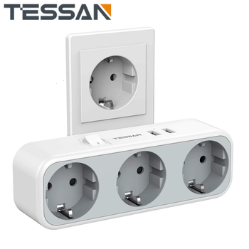 Сетевой фильтр Tessan TS-322 3600Вт 16А Белый разветвитель тройник 3 розетки 2 USB-А с выключателем