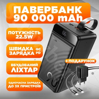 УМБ Павербанк Hoco J123D 90000 mAh 22.5W 3A та в Подарунок Мережевий Адаптер Hoco 20W з кабелем Type-C to Type-C зі швидкою зарядкою Павербанк з ліхтарем Чорний