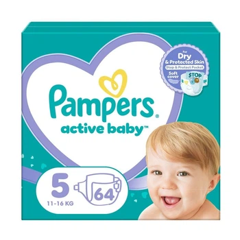 Детские подгузники Pampers Active Baby размер 5 (11-16 кг), 64 шт Детские подгузники памперс с индикатором влаги и манжетами с двойной плотностью Памперсы премиум для детей для ночного сна