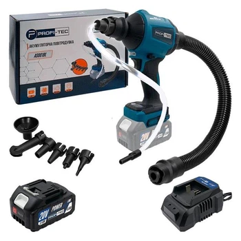 Акумуляторна повітродувка PROFI-TEC AS001BL (20 В, безщітковий двигун, 200 м/с) 1×PT2040MP (4.0 Аг), ЗП BC20V, коробка, 6 насадок