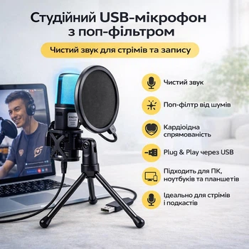 Конденсаторний USB-мікрофон RGB із шумозаглушенням для стримінгу, ігор, подкастів і запису