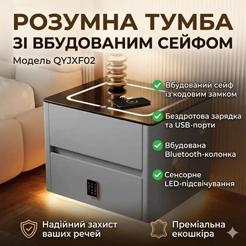 Розумна тумба QYJXF02 з вбудованим кодовим сейфом, Bluetooth-колонкою і USB, сенсорне підсвічування, екокожа, сіра