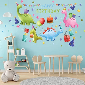 Виниловые наклейки на стену С Днем Рождения Динозаврики подарки Happy Birthday Набор L 100х100cм глянец Happy Pocket