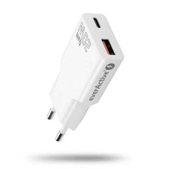 Зарядное устройство everActive GaN SC-340Q White Super Slim, 1xUSB+1xUSB-С QC3.0+PD 20W, AC220V