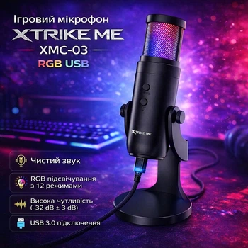 Настільний ігровий мікрофон Xtrike з RGB підсвіткою USB 3.0, мікрофон для для стрімів