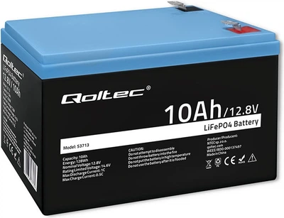 Акумуляторна батарея Qoltec LiFePO4 літій-залізо-фосфатна 12.8 В 10 Аг 128 Вт на год BMS (5901878537139)