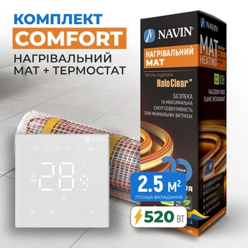 Комплект теплого пола Comfort - нагревательный мат NAVIN HaloClear 520 Вт / 2.5м² (5.0 м) + терморегулятор WT410 W-16A с Wi-Fi, белый матовый (41-105027-0520)