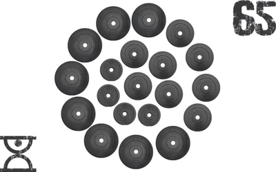 65 кг (4 по 1.25, 8 по 2.5, 8 по 5 кг) дисків, покритих пластиком (31 мм) (RNS_RNbitset65)