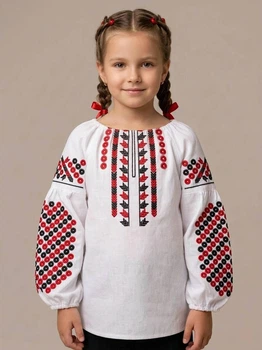 Вишиванка для дівчинки Piccolo Пацьорки Біла з червоно-чорною вишивкою гладдю 100% бавовна | Розмір 146