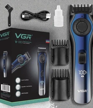 Машинка для стрижки волос VGR аккумуляторная, 10 Вт, 3 насадки, Синий (О8О)