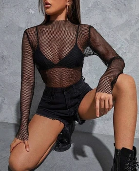 Жіноча прозора кофтинка лонгслів в сітку водолазка Honey Fashion Accessories чорний S/M (10-112)