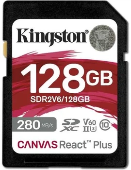Карта пам'яті SDXC, 128Gb, Kingston Canvas React Plus, Class 10 UHS-II U3 V60, до 280/100 МБ/с (SDR2V6/128GB)