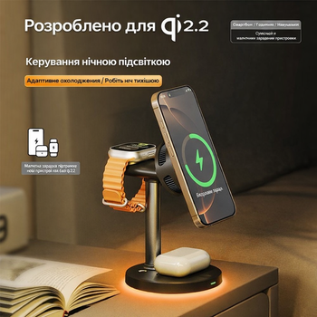 Беспроводная зарядная станция Qi2.2 25W магнитная док-станция 3 в 1 magsafe беспроводная зарядка для Apple iphone 16/17 и Samsung S25 S26 airpods iwatch QinetiQ MagCool Pro Stand 33W с подсветкой черна