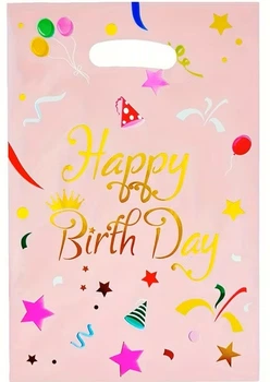 Набір святкових подарункових пакетів «Happy Birthday» поліетилен-фольга 10 шт 16х24 см Рожевий (S-0006)