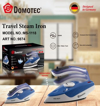 Компактный дорожный утюг Domotec MS-1118 с парой и складной ручкой 1000 Вт с антипригарной подошвой и резервуаром для воды для дома и путешествий