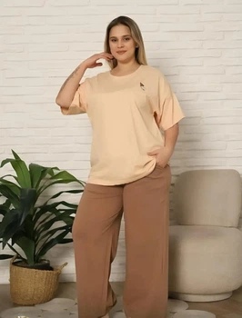 Піжама бавовняна жіноча із штанами та футболкою батал Nicoletta 20072k 3XL Бежевий