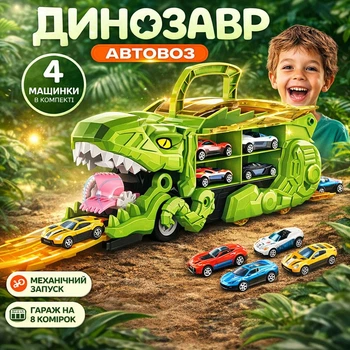 Автовоз трансформер Dino Ті-Рекс Динозавр 3в1 — трейлер, гараж, трек і трамплін з 4 машинками у комплекті, механічний запускач Green