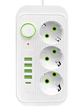 Мережевий фільтр подовжувач 2м 3 Євро розетки 220В 2500Вт 4 USB + 1 Type-C Швидка зарядка Загальний Вимикач Захист від перепадів напруги Індикатор роботи White