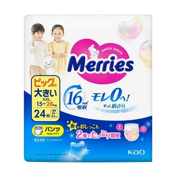 Детские подгузники-трусики Merries размер XXL (15-28 кг), 24 шт Детские одноразовые подгузники с индикатором влаги и защитой от раздражения Памперсы трусиками пантс для детей