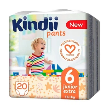 Детские подгузники-трусики Kindii Pants размер 6 Junior Extra (15+ кг), 20 шт Детские одноразовые подгузники с индикатором влаги и защитой от раздражений Памперсы трусиками пантс для детей