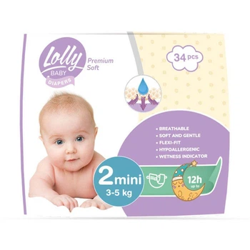 Дитячі підгузки Lolly Premium Soft Mini розмір 2 (3-5 кг), 34 шт Дитячі одноразові підгузники з індикатором вологи та сухістю до 12 годин Памперси для дітей