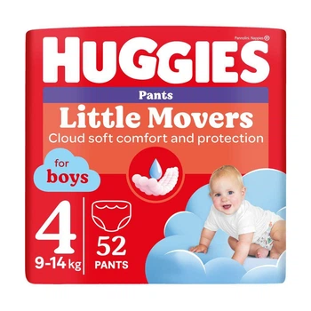Детские подгузники-трусики Huggies Little Movers Pants для мальчиков, размер 4 (9-14 кг), 52 шт Детские одноразовые подгузники Pants с индикатором влаги и сухостью до 12 часов Памперсы трусиками пантс для детей