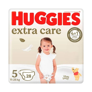 Дитячі підгузки Huggies Extra Care розмір 5 (11-25 кг), 28 шт Дитячі одноразові підгузники з індикатором вологи та миттєвим поглинанням Памперси для дітей