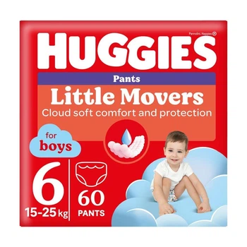 Дитячі підгузки-трусики Huggies Little Movers Pants для хлопчиків, розмір 6 (15-25 кг), 60 шт Дитячі одноразові підгузники Pants з індикатором вологи та сухістю до 12 годин Памперси трусиками пантс для дітей