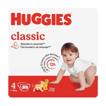Детские подгузники Huggies Classic размер 4 (7-18 кг), 88 шт Детские одноразовые подгузники с надежной фиксацией и защитой от протечек до 12 часов Памперсы для детей