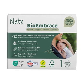Детские органические подгузники ECO by Naty BioEmbrace размер 1 (2-5 кг), 25 шт Детские одноразовые подгузники с прочными застежками и индикатором влаги Памперсы для детей