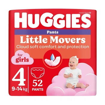 Детские подгузники-трусики Huggies Little Movers Pants для девочек, размер 4 (9-14 кг), 52 шт Детские одноразовые подгузники Pants с индикатором влаги и сухостью до 12 часов Памперсы трусиками пантс для детей