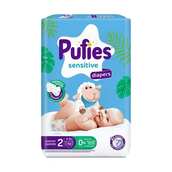 Дитячі підгузки Pufies Sensitive розмір 2 (4-8 кг), 70 шт Дитячі одноразові підгузники з захистом від протікань та сухістю до 12 годин Памперси для дітей