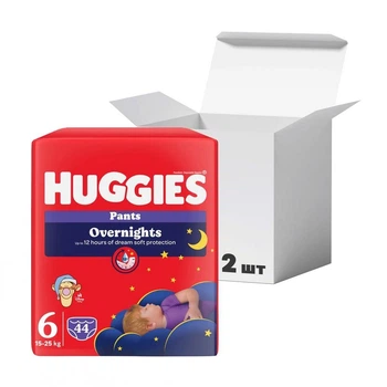 Детские подгузники-трусики Huggies Overnights Pants, размер 6 (15-25 кг), 2*22 шт Ночные подгузники с индикатором влажности и защитой от протекания до 12 часов Подгузники-трусики для комфортного сна детей
