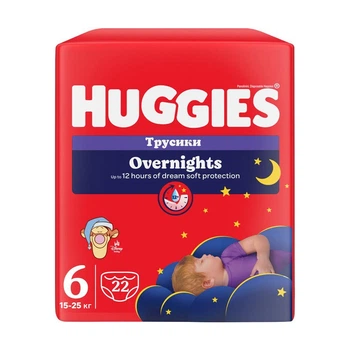 Детские подгузники-трусики Huggies Overnights Pants, размер 6 (15-25 кг), 22 шт Ночные подгузники с индикатором влажности и защитой от протекания до 12 часов Подгузники-трусики для комфортного сна детей