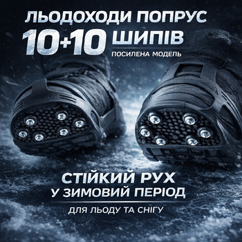 Льодоходи Попрус 10 шипів антиковзкі ледоступи на взуття 37–41, гумові накладки на підошву з металевими шипами 10+10 для безпечної ходьби по льоду та снігу взимку, зимові протиковзні накладки для чоловіків і жінок, льодоходи для ожеледиці