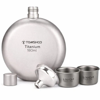Фляга титановая для алкогольных крепких напитков Tomshoo titanium 180 мл с титановыми рюмками Lixada 2 шт по 35 мл туристическая круглая бутылка подарочная + воронка