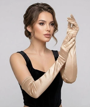 Рукавички жіночі атласні довгі вечірні вище ліктя Honey Fashion Accessories S/M бежевий (7-20)
