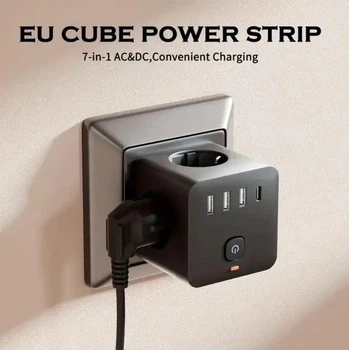 Сетевой фильтр разветвитель тройник 7 в 1 3EU розетки с выключателем + USB-C + 3 USB-A 4000W/16A Power Cube TT-PS08