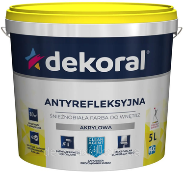 Краска акриловая снежнобелая для интерьера Dekoral ANTYREFLEKSYJNA POLINAK 5л