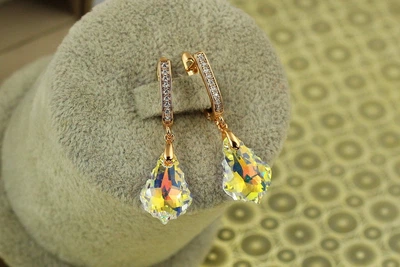 Серьги подвески Xuping Jewelry Греза Сваровски желтый камень 3,5 см золотистые
